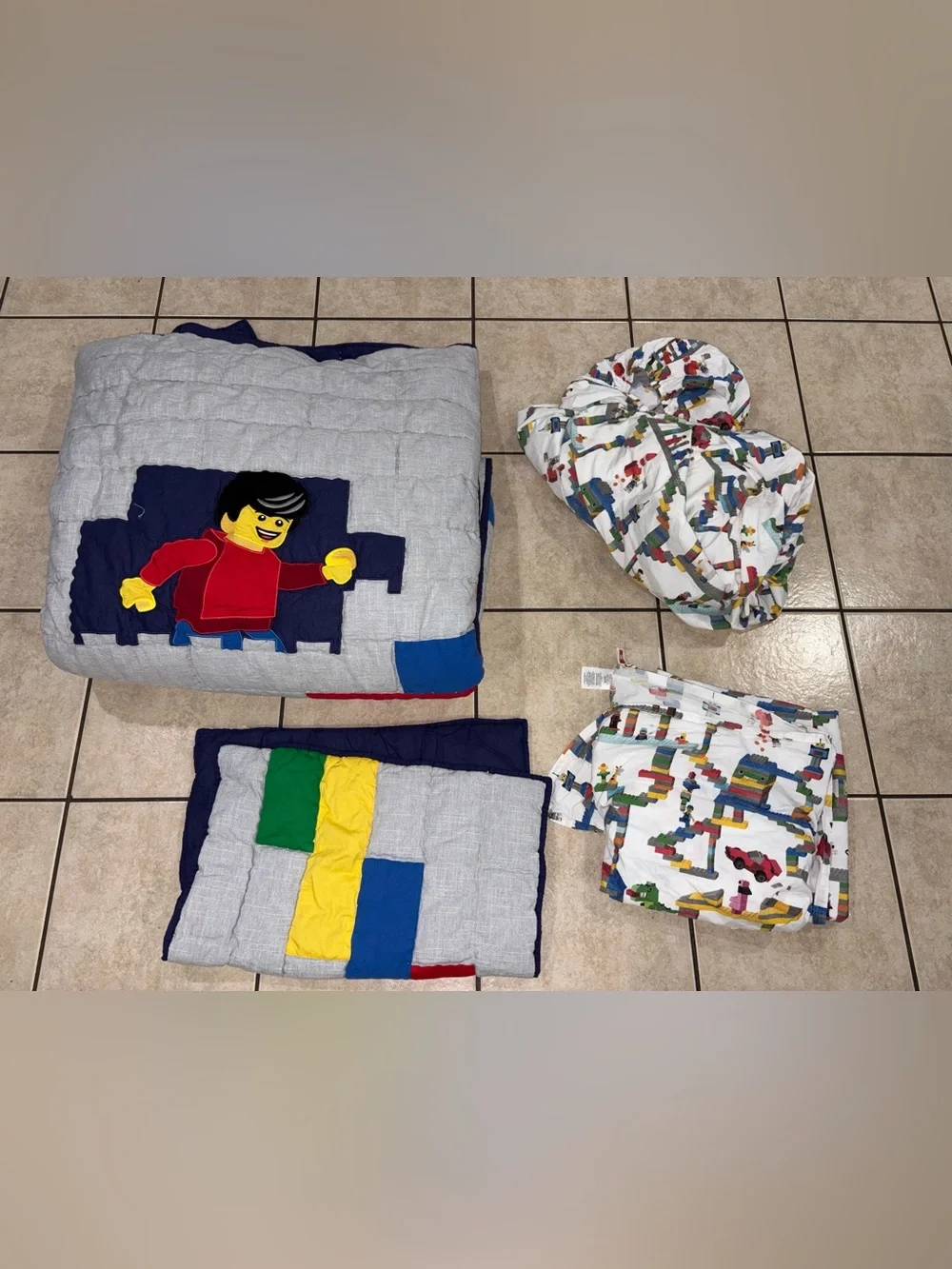 Pottery Barn Kids Lego Grey Quilt with Green Dinosaur and Multicolor Brick